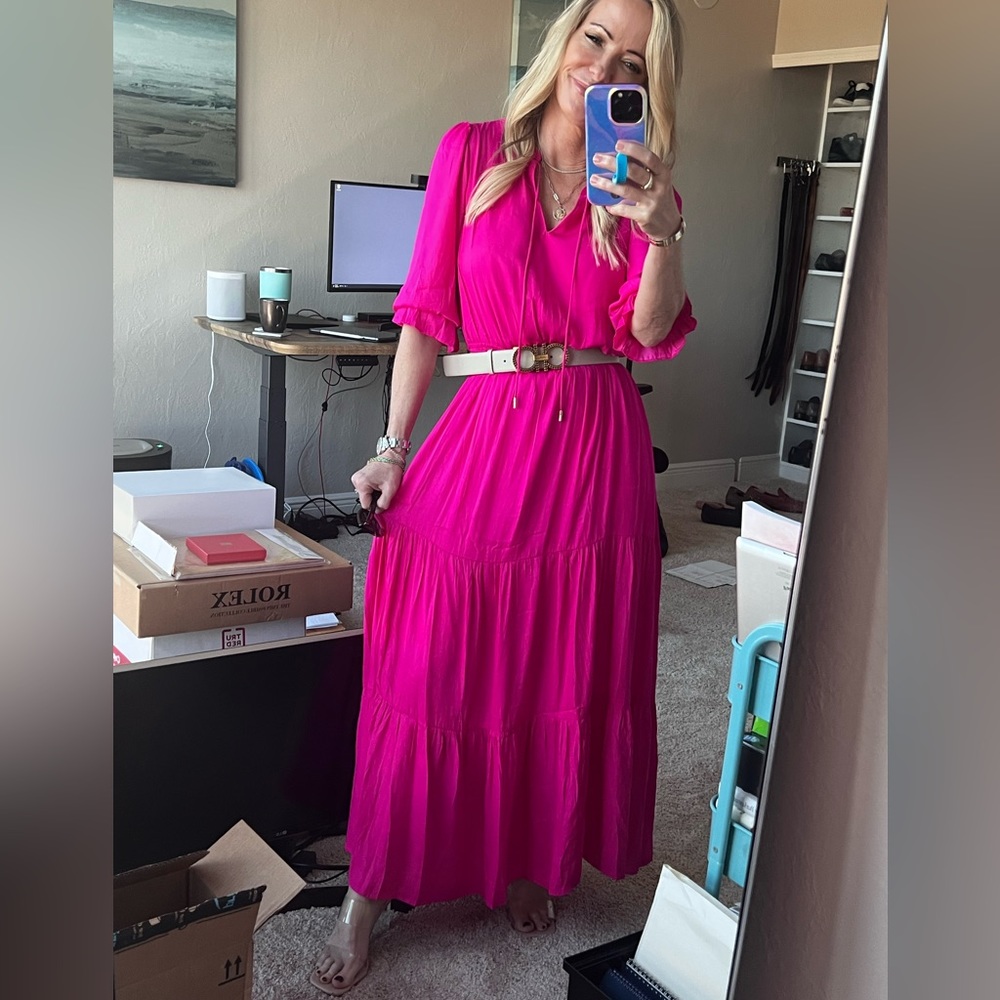 SOLD-Rayon hot pink maxi, I’m 5’2 and have on 3” heels